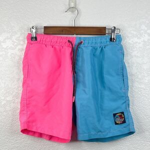 Surf Society Blue Pink Neon Color Block Drawstring Waist Lined Mens Swim Shorts